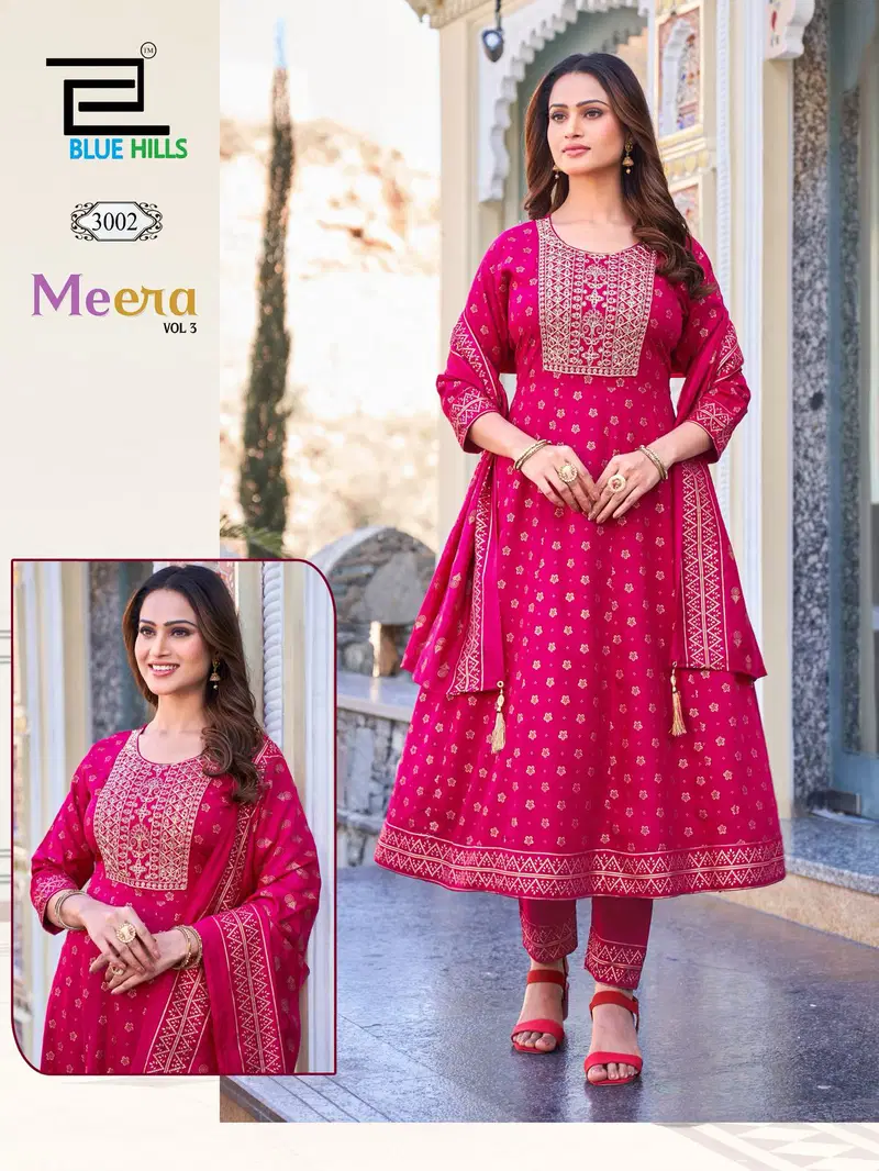 Meera Vol 3 By Blue Hills Rayon Anarkali Kurtis With Dupatta Wholesale Online